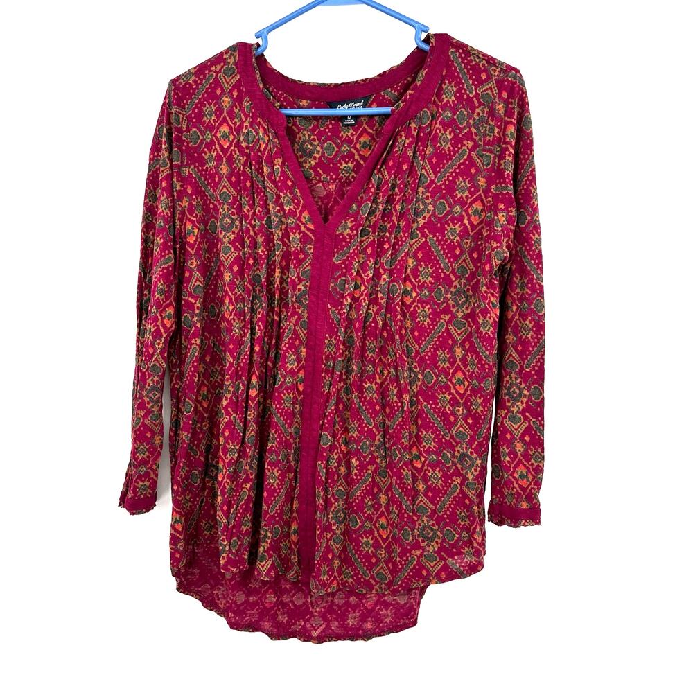 Lucky Brand Size Medium Tunic Pink V Neck Western Long Sleeve Blouse Casual